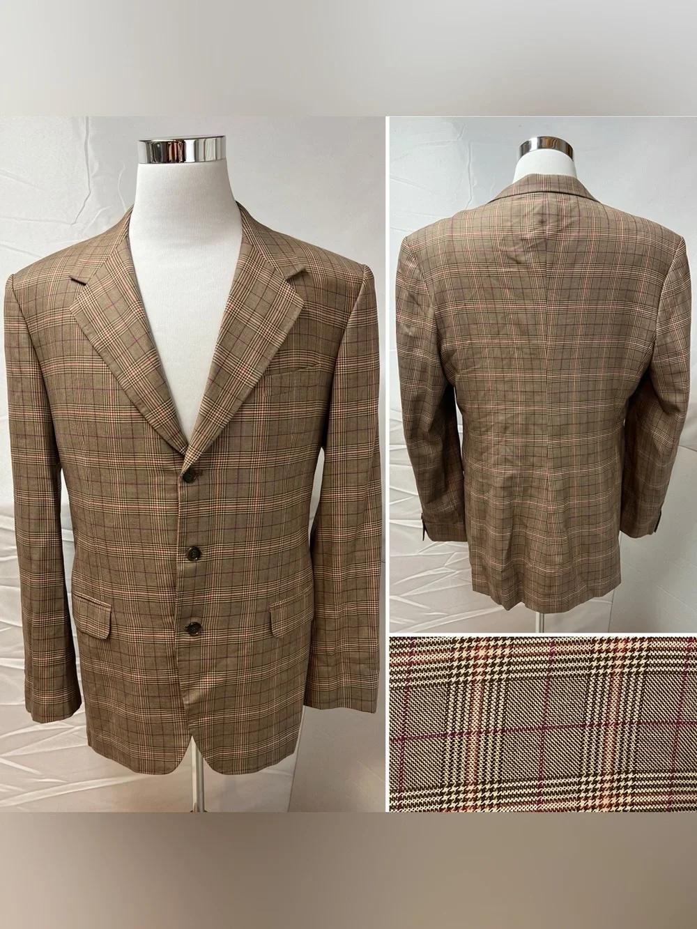 Bespoke Custom Men's 42L Tan Windowpane Glen Plaid Purple Check Blazer Jacket